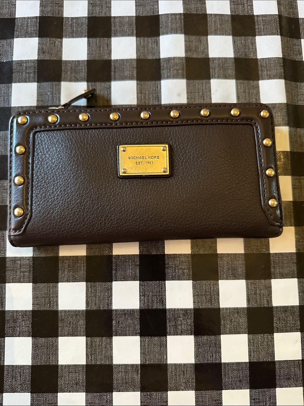 Michael Kors Dark Brown Pebbled Leather Continental Wallet with Gold Studs